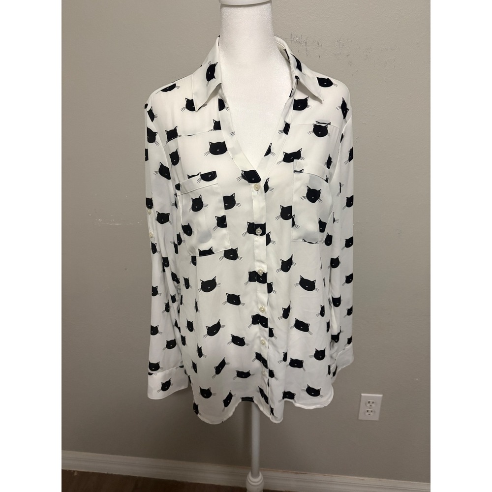 Express Portofino Shirt Womens White Black Cat Print Blouse Halloween Witchy M